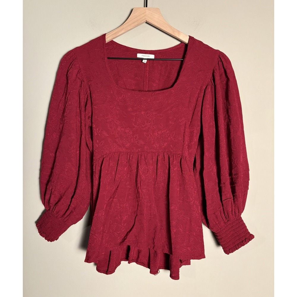 Burgundy Floral Brocade Tie Back Bishop Sleeve Babydoll Top Regency Coquette XS